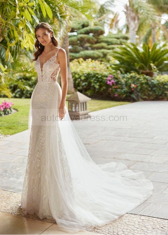 Ivory Embroidered Lace Sexy Wedding Dress With Tulle Train Ivory Embroidered Lace Sexy Wedding Dress With Tulle Train